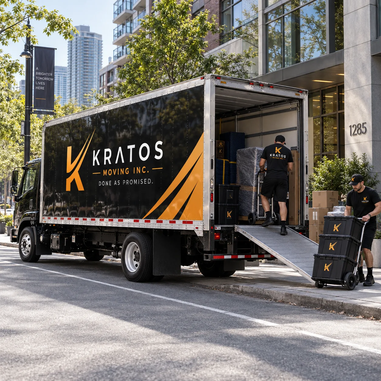 Kratos movers unloading beside a city apartment building