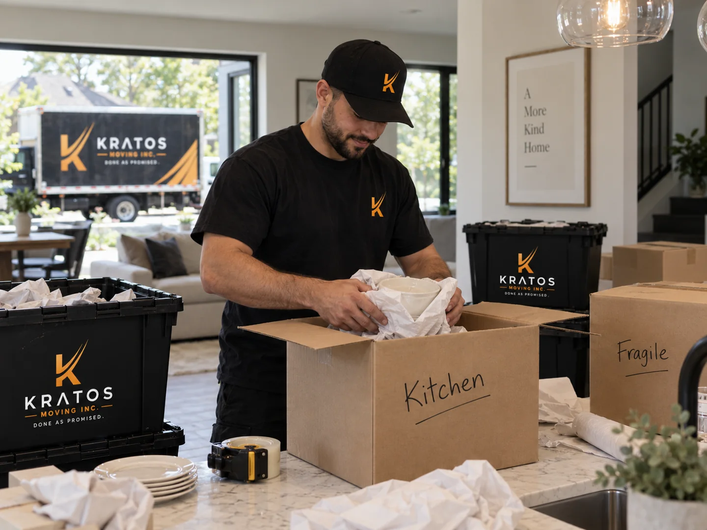 A Kratos mover carefully packing fragile belongings