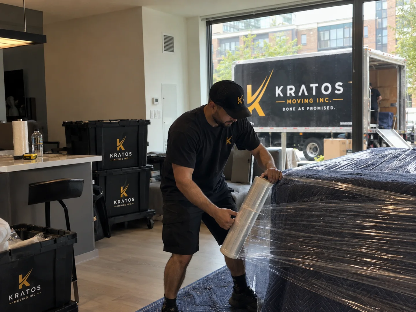 A mover protecting furniture with padded wrapping
