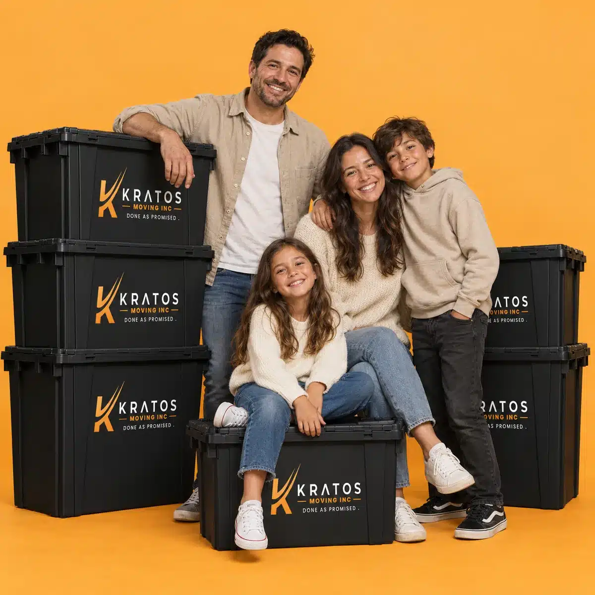 A smiling family beside Kratos moving crates