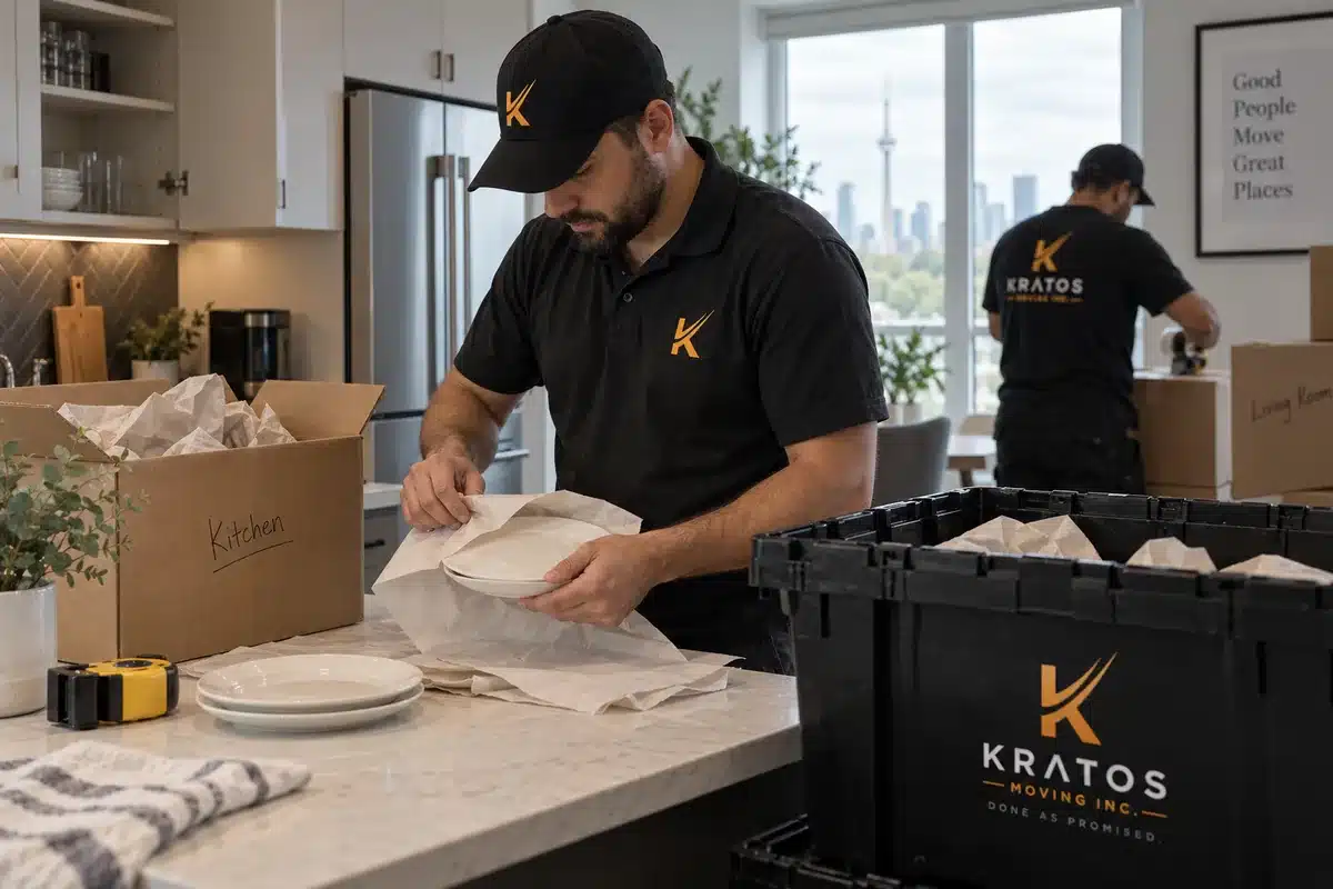 Kratos movers carefully wrapping dishes for a household move